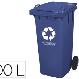 Papelera contenedor Q-Connect plástico azul con tapa y ruedas 100 l.