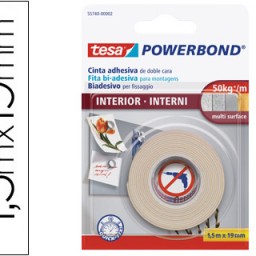 Cinta adhesiva tesa doble cara 1,5m.x19mm. 50Kg./m.