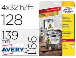 8 hojas A4 32 etiquetas adhesivas Avery 99,1x139mm. poliéster blanco