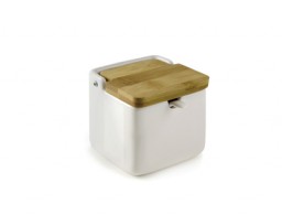 Salero/azucarero cerámico con cuchara y tapa bambú 350ml.