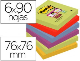 6 blocs de 90 de notas adhesivas quita y pon Post-it Super Sticky 76x76mm. colores surtidos