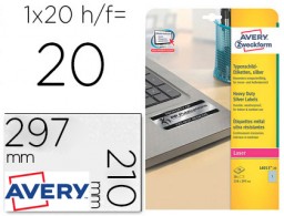 20 hojas A4 20 etiquetas adhesivas Avery 210x297mm. poliéster plata